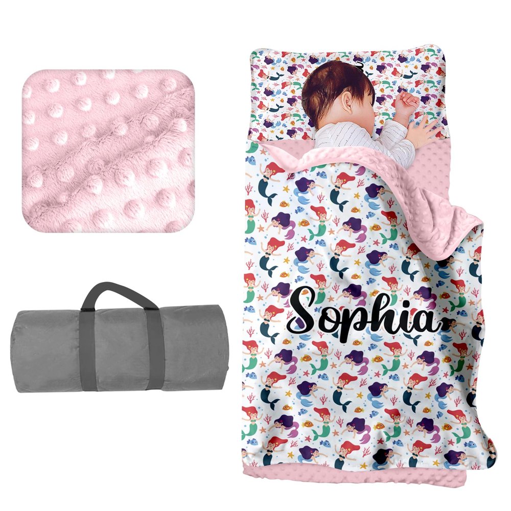 Personalized Toddler Girls Sleeping Bag Nap Mat for Daycare, Mermaid Kids Sleeping Bag with Pillow & Blanket for Preschool Kindergarten, Custom Name Easy Carry Napsack White 2