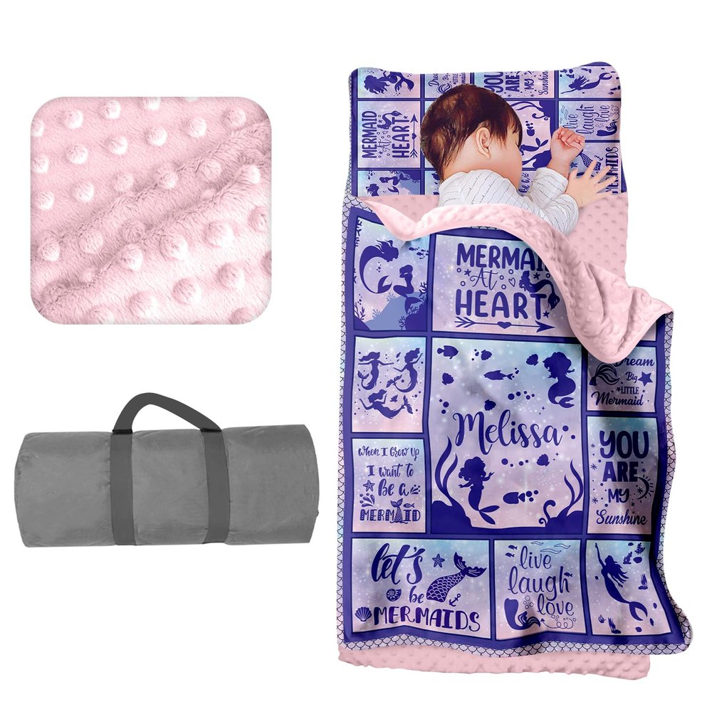 Custom Toddler Girls Nap Mat Sleeping Bag for Daycare, Mermaid Kids Sleeping Bag with Pillow & Blanket for Preschool Kindergarten, Personalized Name Easy Carry Nap Roll Purple