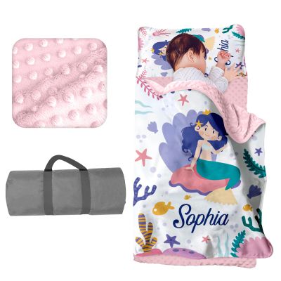Personalized Toddler Girls Sleeping Bag Nap Mat for Daycare, Mermaid Kids Sleeping Bag with Pillow & Blanket for Preschool Kindergarten, Custom Name Easy Carry Napsack White