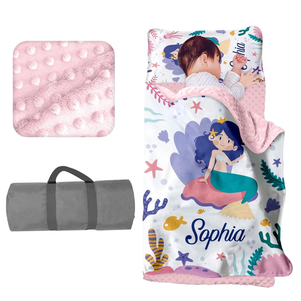 Personalized Toddler Girls Sleeping Bag Nap Mat for Daycare, Mermaid Kids Sleeping Bag with Pillow & Blanket for Preschool Kindergarten, Custom Name Easy Carry Napsack White