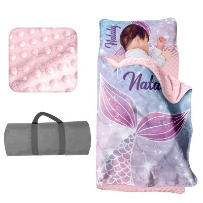 Personalized Toddler Girls Sleeping Bag Nap Mat for Daycare, Mermaid Kids Sleeping Bag with Pillow & Blanket for Preschool Kindergarten, Custom Name Napsack Pink Purple