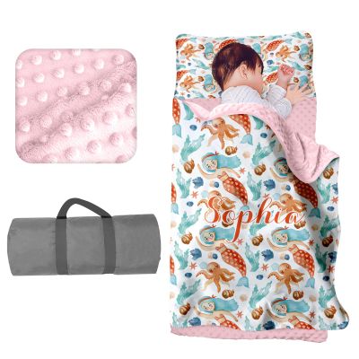 Personalized Toddler Girls Sleeping Bag Nap Mat for Daycare, Mermaid Kids Sleeping Bag with Pillow & Blanket for Preschool Kindergarten, Custom Name Easy Carry Napsack Orange