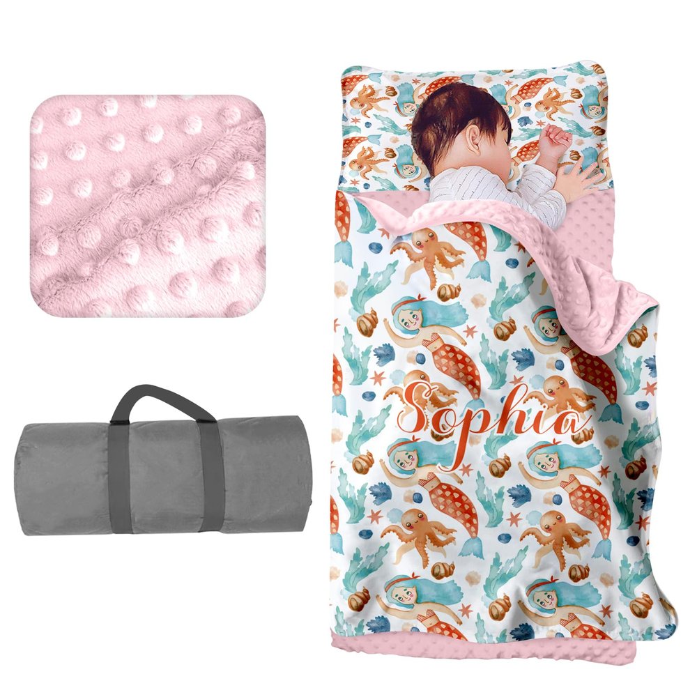 Personalized Toddler Girls Sleeping Bag Nap Mat for Daycare, Mermaid Kids Sleeping Bag with Pillow & Blanket for Preschool Kindergarten, Custom Name Easy Carry Napsack Orange