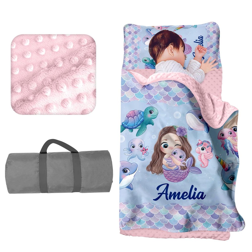 Personalized Toddler Girls Sleeping Bag Nap Mat for Daycare, Mermaid Kids Sleeping Bag with Pillow & Blanket for Preschool Kindergarten, Custom Name Easy Carry Napsack Blue 2