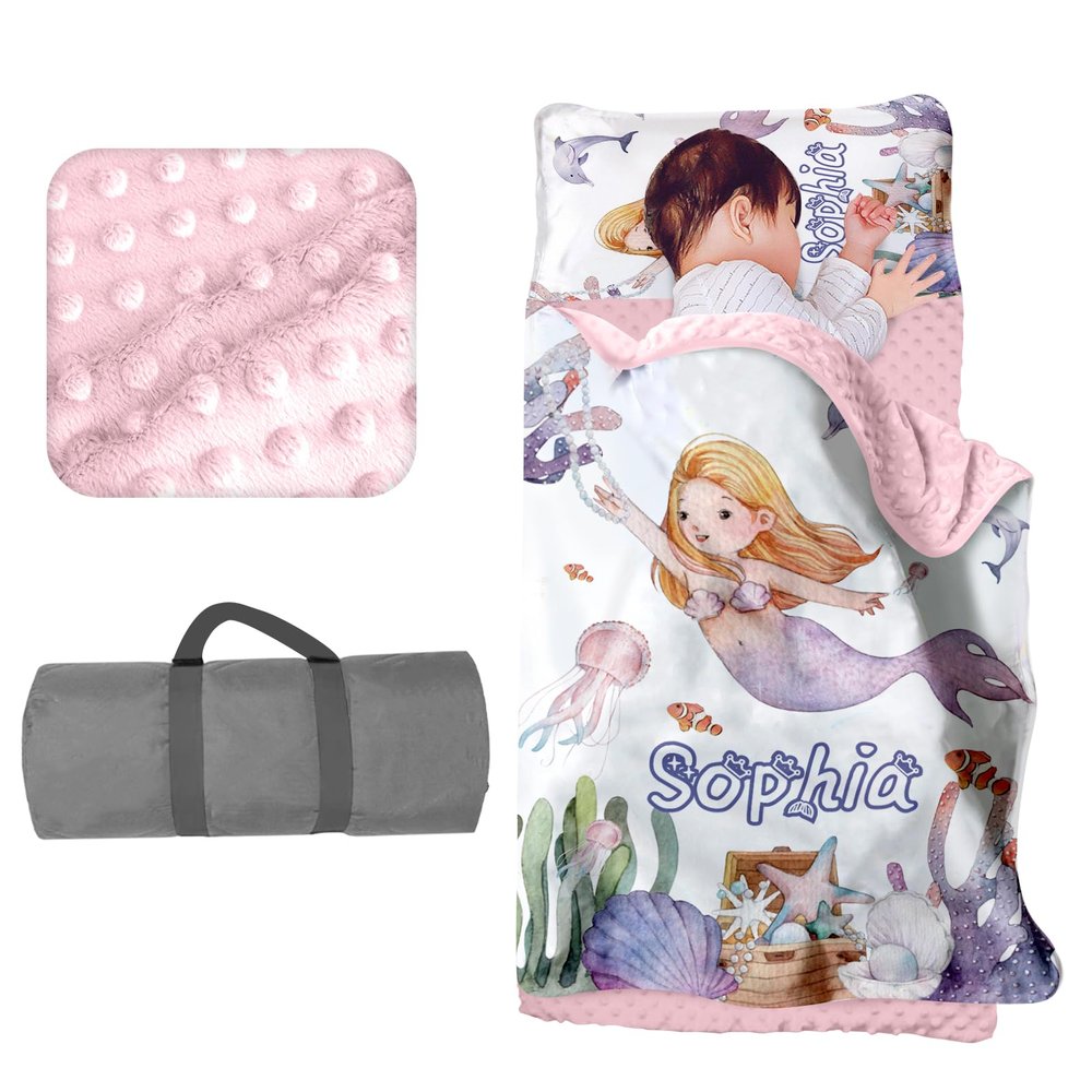 Personalized Toddler Girls Sleeping Bag Nap Mat for Daycare, Mermaid Kids Sleeping Bag with Pillow & Blanket for Preschool Kindergarten, Custom Name Easy Carry Napsack White 3