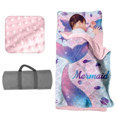 Custom Toddler Girls Sleeping Bag Nap Mat for Daycare, Mermaid Kids Sleeping Bag with Pillow & Blanket for Preschool Kindergarten, Personalized Name Napsack Purple Pink 2