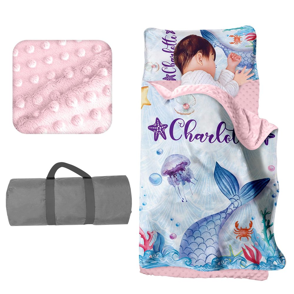 Custom Toddler Girls Nap Mat Sleeping Bag for Daycare, Mermaid Kids Sleeping Bag with Pillow & Blanket for Preschool Kindergarten, Personalized Name Easy Carry Napsack Blue Purple