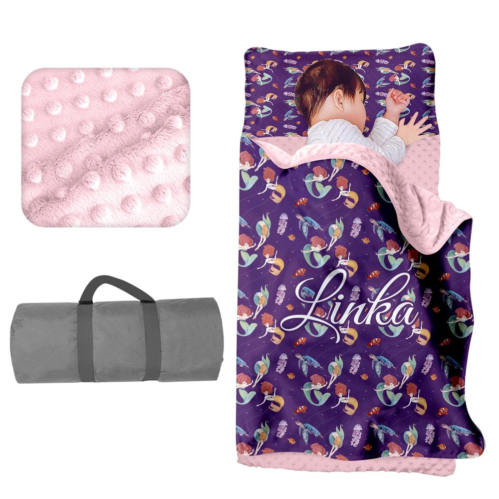 Personalized Toddler Girls Sleeping Bag Nap Mat for Daycare, Mermaid Kids Sleeping Bag with Pillow & Blanket for Preschool Kindergarten, Custom Name Easy Carry Napsack Purple 2