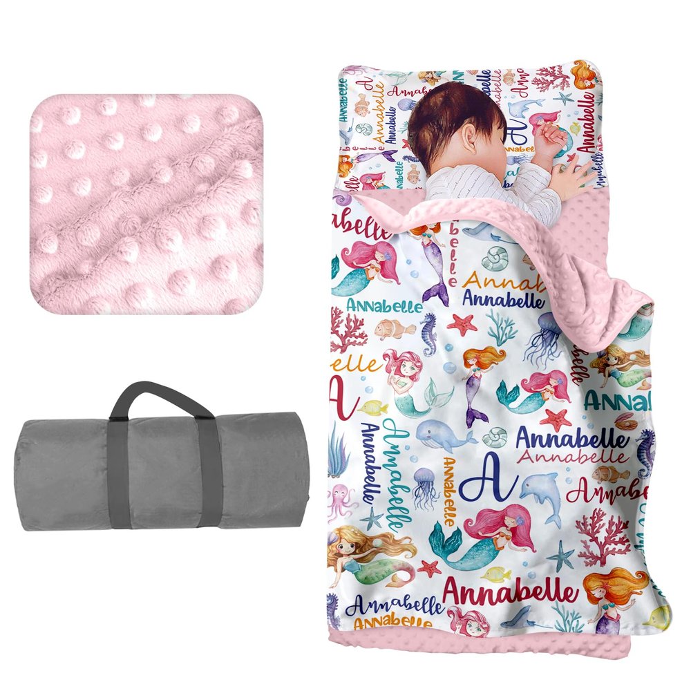 Custom Toddler Girls Nap Mat Sleeping Bag for Daycare, Mermaid Kids Sleeping Bag with Pillow & Blanket for Preschool Kindergarten, Easy Carry Personalized Name Monogrammed Nap Roll Pink