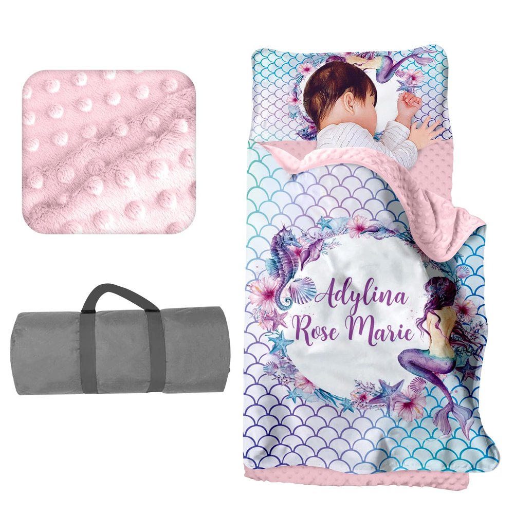 Custom Toddler Girls Sleeping Bag Nap Mat for Daycare, Mermaid Kids Sleeping Bag with Pillow & Blanket for Preschool Kindergarten, Personalized Name Easy Carry Napsack Purple 6