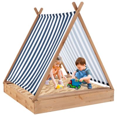Costzon Kids Sandbox with Canopy, Large Triangular Wooden Sand Box w/ 2 Bench Seats, Blue and White Stripes for Children 1+ Years Old, Outdoor Cabana Sand Pit in Backyard, Garden and Beach