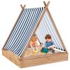 Costzon Kids Sandbox with Canopy, Large Triangular Wooden Sand Box w/ 2 Bench Seats, Blue and White Stripes for Children 1+ Years Old, Outdoor Cabana Sand Pit in Backyard, Garden and Beach view 1