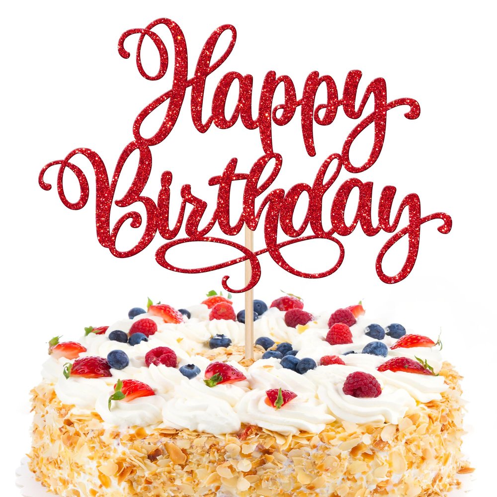 1 PCS Happy Birthday Cake Topper Glitter Happy Birthday Cake Pick Bunting Decor for Anniversary Celebrating Happy Birthday Party Cake Decorations Supplies Red