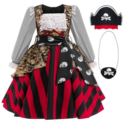 Girls Pirate Costume Buccaneer Princess Dress Up for Kids with Accessories Halloween Cosplay Party Outfit