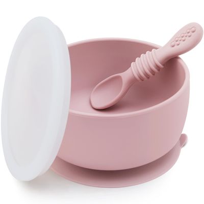 SAMiGO Silicone Baby Bowl and Spoon Set with Suction and Lid, First Stage Self Feeding Essentials, Food Bowl for 6+ Months