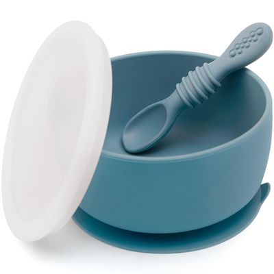 SAMiGO Silicone Baby Bowl and Spoon Set with Suction and Lid, First Stage Self Feeding Essentials, Food Bowl for 6+ Months