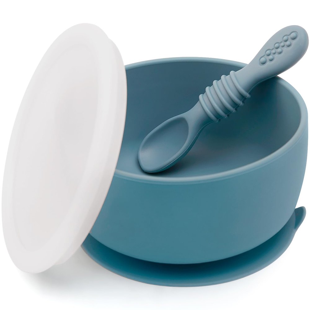 SAMiGO Silicone Baby Bowl and Spoon Set with Suction and Lid, First Stage Self Feeding Essentials, Food Bowl for 6+ Months