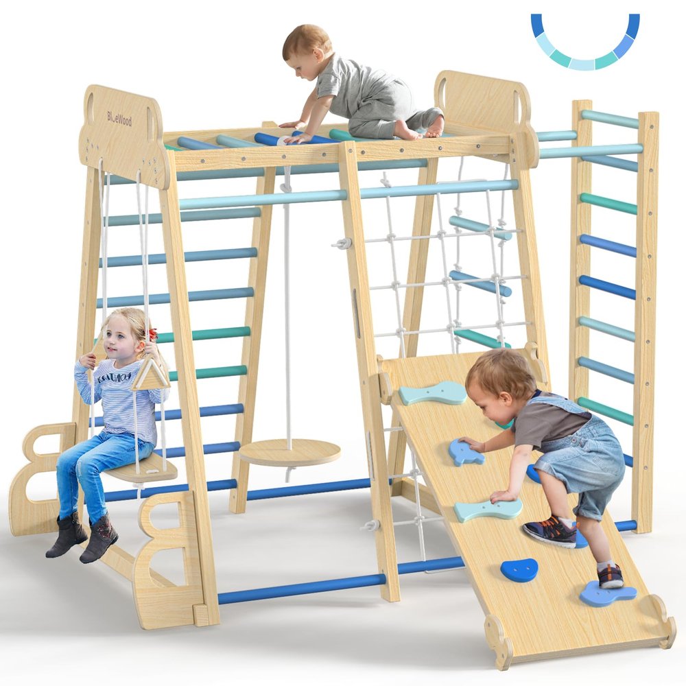 Upgraded Indoor Playground 9-in-1 Jungle Gym Kids Climbing Toys, Montessori Philosophy Waldorf Style Wooden Climber Playset with Slide, Swing, Monkey Bars, Upright/Rope Ladder, Climb Net, Blue