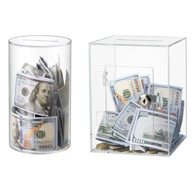 2 PCS Hicocool Clear Acrylic Piggy Bank, 8" H x 5" D Must Break to Open + 5.9" x 4.7" x 7.9" Openable Saving Bank with Lock