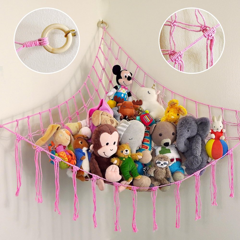 ABBY BABY Large Stuffed Animal Hammock Corner - Stuffed Animal Storage - 100% Natural Cotton Macrame Stuffed Animal Net - Stuff Animal Organizer - Net For Stuffed Animals Corner Large-Pink