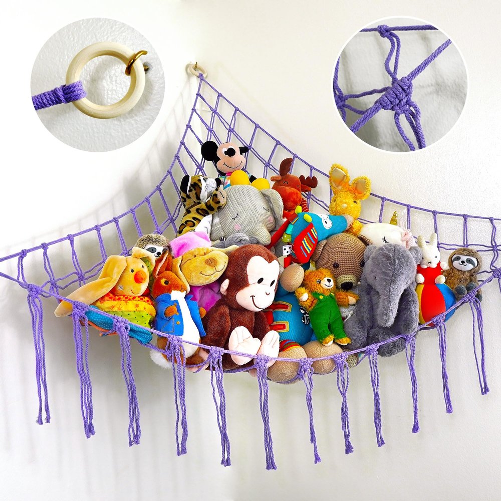 ABBY BABY Large Stuffed Animal Hammock Corner - Stuffed Animal Storage - 100% Natural Cotton Macrame Stuffed Animal Net - Stuff Animal Organizer - Net For Stuffed Animals Corner Large - Purple