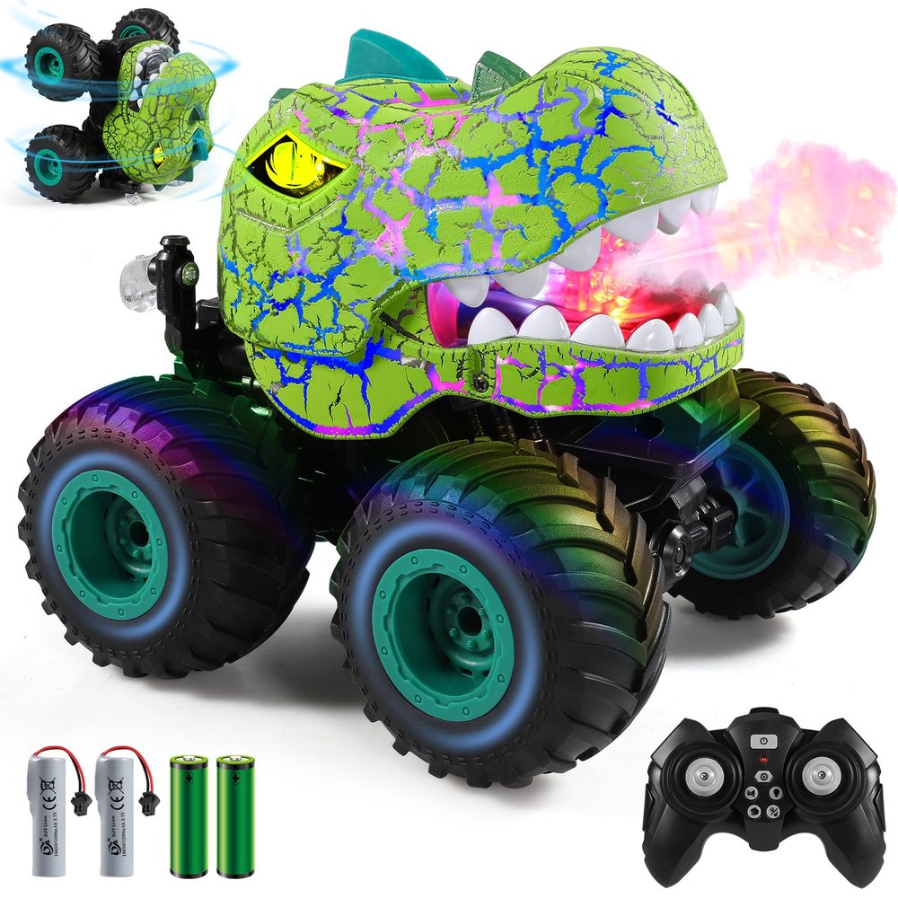 DYODYORC Remote Control Car, 2.4Ghz All Terrain Dinosaur Monster Truck Toys, RC Truck with Spay, Music, 3 Lighting Effects, Stunt Capable, Toy Gifts for Boys and Girls (Green)