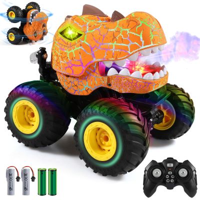 DYODYORC Remote Control Car, 2.4Ghz All Terrain Dinosaur Monster Truck Toys, RC Truck with Spay, Music, 3 Lighting Effects, Stunt Capable, Toy Gifts for Boys and Girls (Orange)