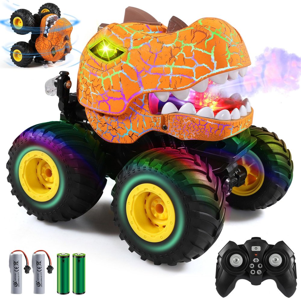 DYODYORC Remote Control Car, 2.4Ghz All Terrain Dinosaur Monster Truck Toys, RC Truck with Spay, Music, 3 Lighting Effects, Stunt Capable, Toy Gifts for Boys and Girls (Orange)