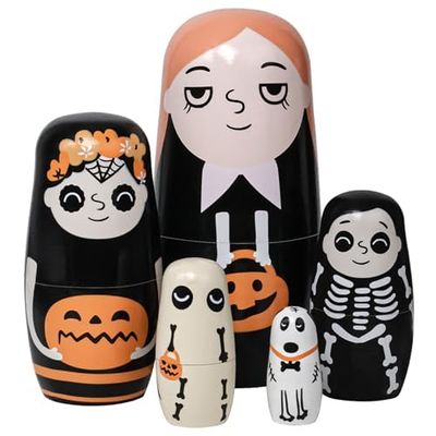 Tngan Halloween Nesting Dolls, 5Pcs 6"" Tall Russian Nesting Dolls, Handmade Matryoshka for Kids, Wooden Stacking Toys for Halloween Home Party Decorations (Pumpkin Girls)