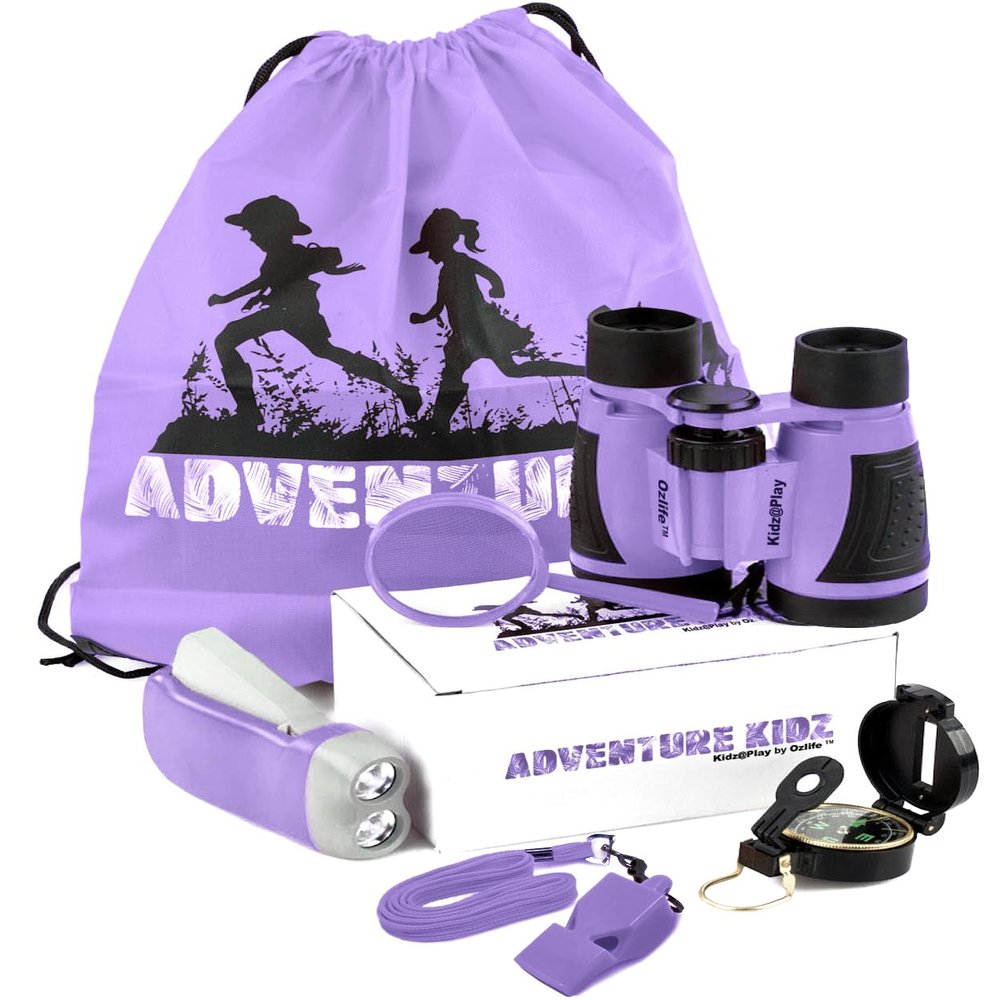 Adventure Kidz - Outdoor Exploration Kit, Childrens Toy Binoculars with Case, Flashlight, Compass, Fox Whistle, Magnifying Glass, Backpack. Great Kids Set for Camping, Hiking, STEM, Pretend Play.