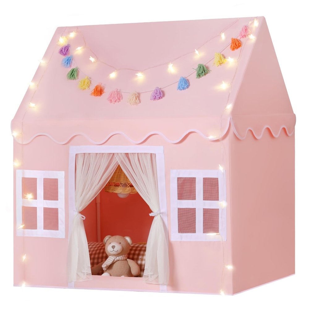 Senodeer Kids Play Tent Indoor: with Mat, Tassel Garland, Star Lights - Pink Girls Tent Playhouse Kids Toys for Boy Girl Birthday Gift for Kids