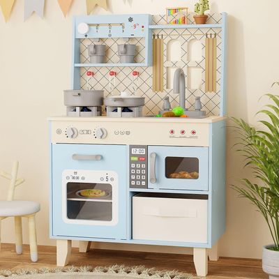 BIERUM Play Kitchen with Realistic Lights & Sounds, Wooden Kitchen Playset Chef Pretend Play Set for Toddlers, Toy Kitchen with 26 Pcs Toy Food & Cookware Accessories, Gift for Ages 3+