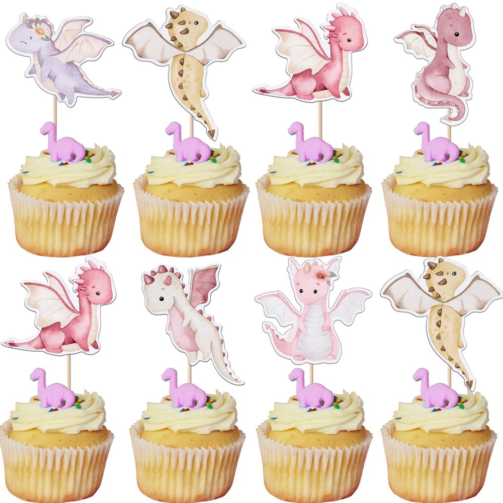 Rsstarxi 36 Pack Dragon Cupcake Toppers Dragon Baby Shower Decorations Dragon Cupcake Picks for Cartoon Fantasy Dragon Theme Kids Birthday Party Cake Decorations, Design 1