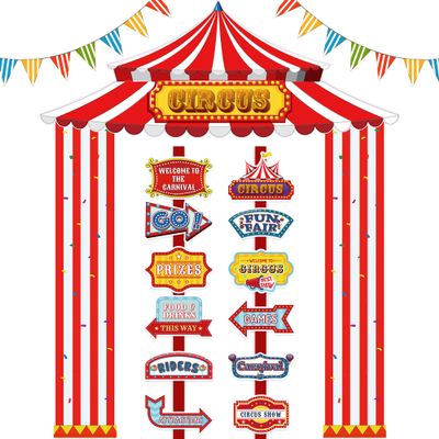 Tlswshsy 17PCS Circus Tent Decorations Set, Circus Door Banner with Awning and Directional Signs, Red and White Circus Welcome Supplies for Circus Theme Party Birthday Home Decor