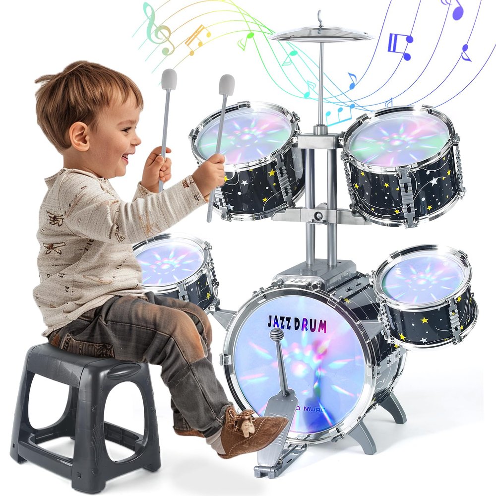 Kids Drum Set for Toddlers 1-3, Upgraded Jazz Drum Set for Kids, Musical Instrument Toys & Lights & All Plastic, Percussion Beginner kit for Boys Girls Toddlers Aged 3-5 5-7