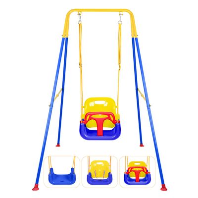 3-in-1 Toddler Swing Set, Indoor & Outdoor Baby Swing Heavy Duty Swing Set with Foldable Metal Stand for Aged 6 Months to 10 Years Old, Easy to Assemble and Store(Blue)