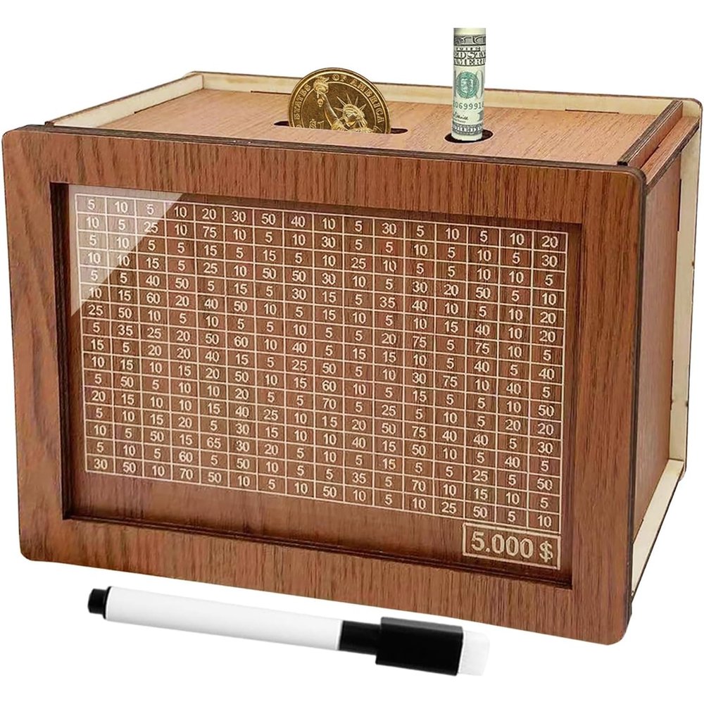 2025 New Cash Vault Wooden Savings Box, Savings Box with Money Target & Numbers, Wooden Money Saving Box, 10000 Dollar Cash Saver Box, Counter Piggy Bank, Savings Challenge Box (5000)
