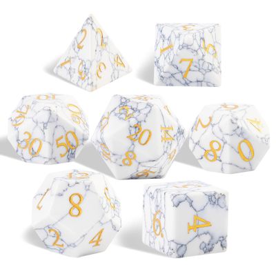 Synthetic Turquoise Marble Dice Set, 7-Piece Polyhedral Dice for Dungeons & Dragons (D&D), Pathfinder, MTG, Tabletop RPG Gaming, Natural Texture Dice with Gold Numbering (White)