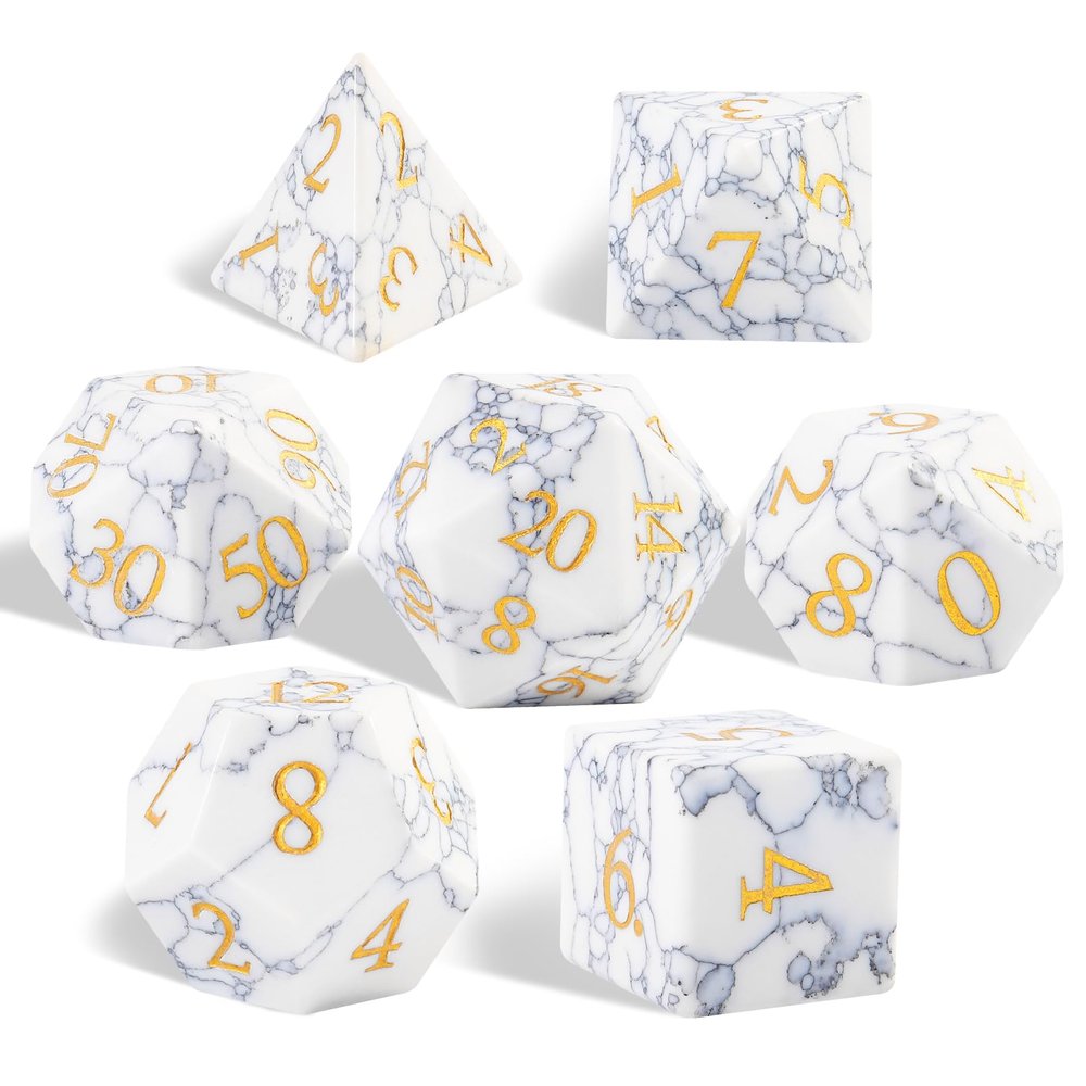 Synthetic Turquoise Marble Dice Set, 7-Piece Polyhedral Dice for Dungeons & Dragons (D&D), Pathfinder, MTG, Tabletop RPG Gaming, Natural Texture Dice with Gold Numbering (White)