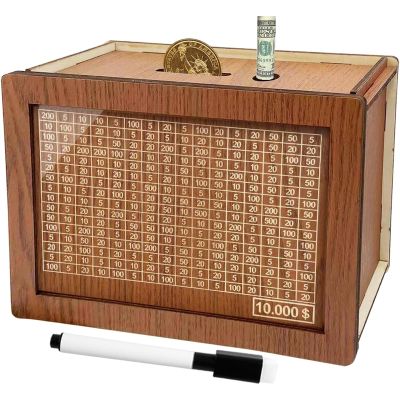 2025 New Cash Vault Wooden Savings Box, Savings Box with Money Target & Numbers, Wooden Money Saving Box, 10000 Dollar Cash Saver Box, Counter Piggy Bank, Savings Challenge Box (10000)