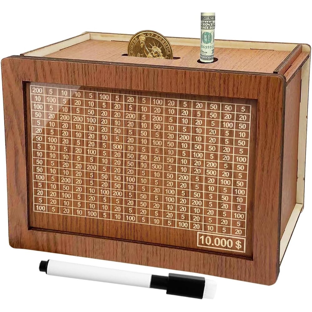 2025 New Cash Vault Wooden Savings Box, Savings Box with Money Target & Numbers, Wooden Money Saving Box, 10000 Dollar Cash Saver Box, Counter Piggy Bank, Savings Challenge Box (10000)