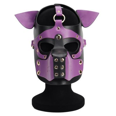 ALMYMM Leather Puppy Mask, Neoprene Puppy Face Muzzle, Removable Full Face Pup Hood Mask, Halloween Mask, Men Cosplay Mask (Purple)