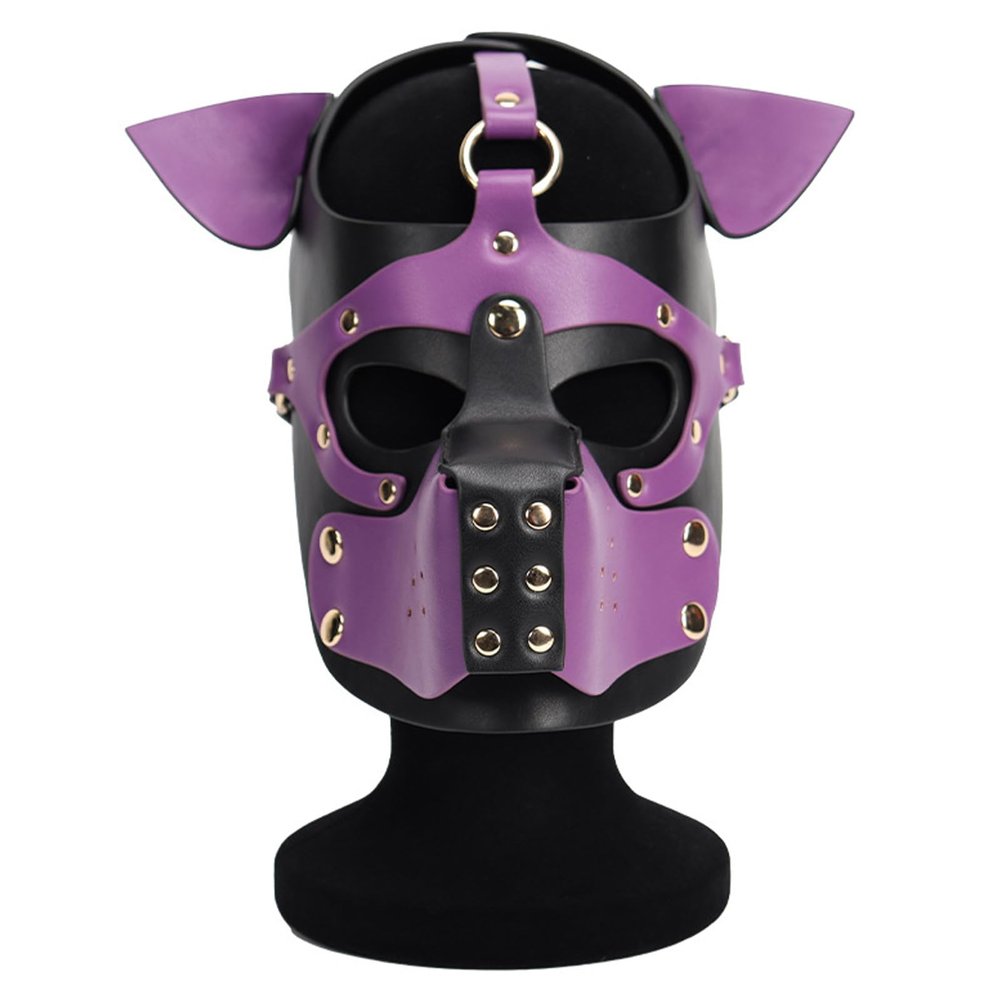 ALMYMM Leather Puppy Mask, Neoprene Puppy Face Muzzle, Removable Full Face Pup Hood Mask, Halloween Mask, Men Cosplay Mask (Purple)