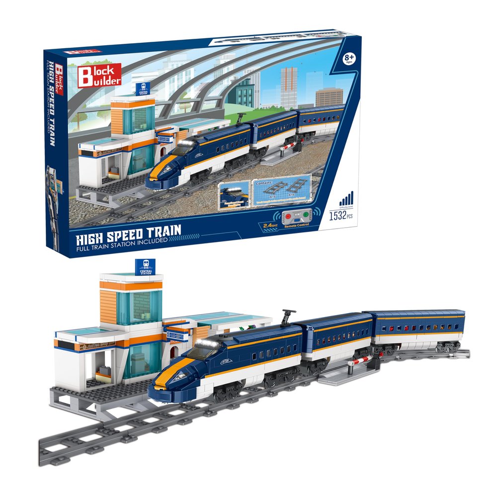 Block Builder High Speed Train Remote Control Building Block Set with Full Train Station (1532 Pieces). Railroad Series Building Blocks for Kids and Adults. Alternative Product to The Main Brand