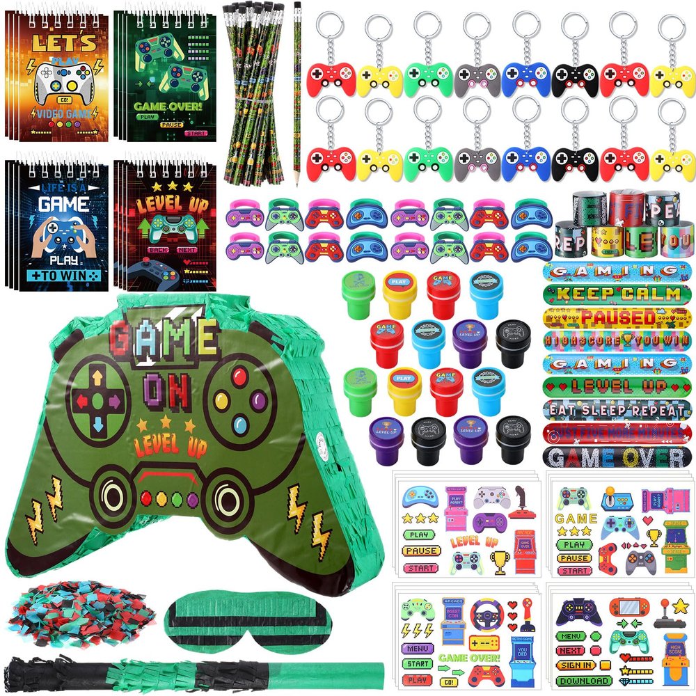Spakon 113 Pcs Video Game Piata Video Game Birthday Party Supplies Piata Set 16 Mini Notebook 16 Pencil 16 Keychain 16 Silicone Bracelet 16 Mini Rings 16 Sticker 16 Stamp Party Supplies Gifts