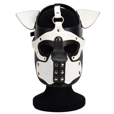 ALMYMM Leather Puppy Mask, Neoprene Puppy Face Muzzle, Removable Full Face Pup Hood Mask, Halloween Mask, Men Cosplay Mask (White)
