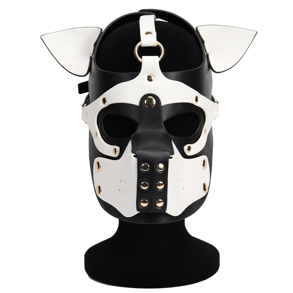 ALMYMM Leather Puppy Mask, Neoprene Puppy Face Muzzle, Removable Full Face Pup Hood Mask, Halloween Mask, Men Cosplay Mask (White)