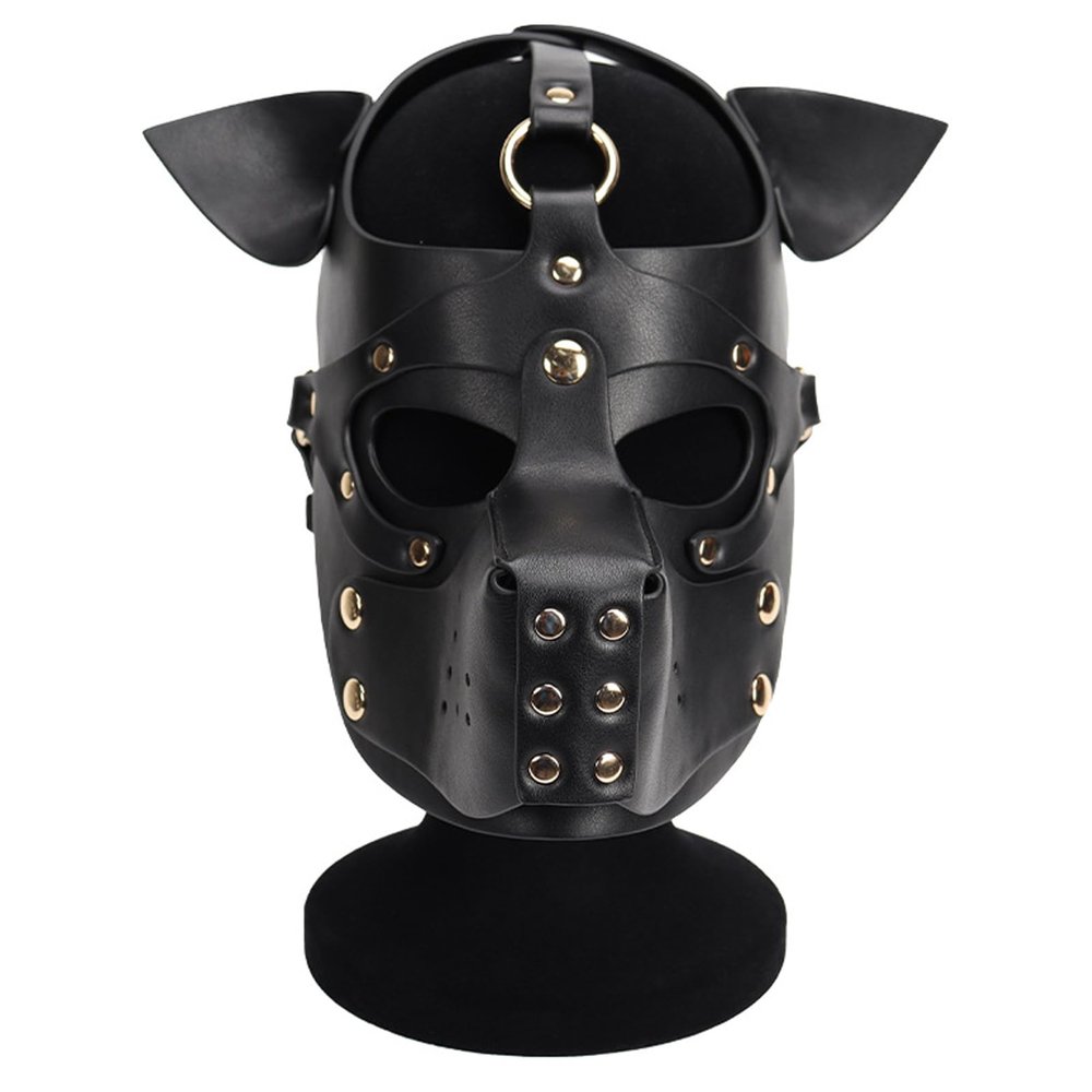 ALMYMM Leather Puppy Mask, Neoprene Puppy Face Muzzle, Removable Full Face Pup Hood Mask, Halloween Mask, Men Cosplay Mask (Black)