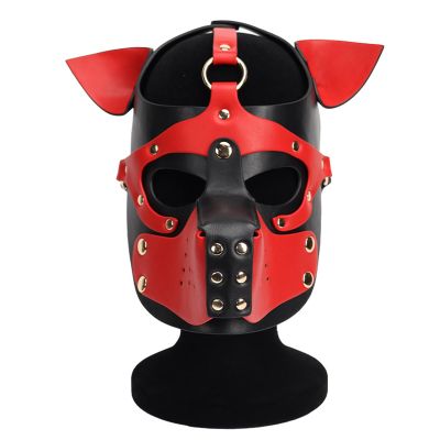 ALMYMM Leather Puppy Mask, Neoprene Puppy Face Muzzle, Removable Full Face Pup Hood Mask, Halloween Mask, Men Cosplay Mask (Red)