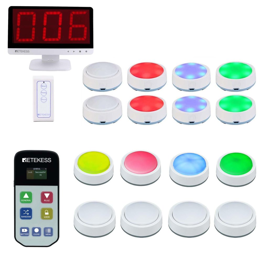 Retekess TM101 Wireless Game Show Buzzer System Bundle with TM102 Family Feud Buzzer,16 Wireless Game Buzzer Buttons for Classroom,Quiz Game,Family Game Night
